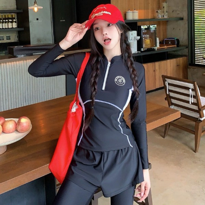 핫핀 에이치 여성 래쉬가드 수영복 상하 2종 세트, 블랙