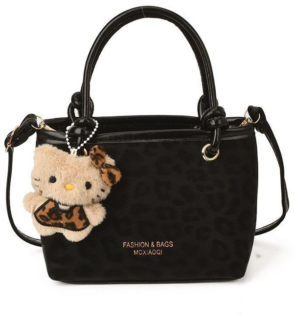 復古豹紋手提包 包包女 2026新款單肩斜挎包, 黑色+豹紋裙蝴蝶結貓咪掛飾