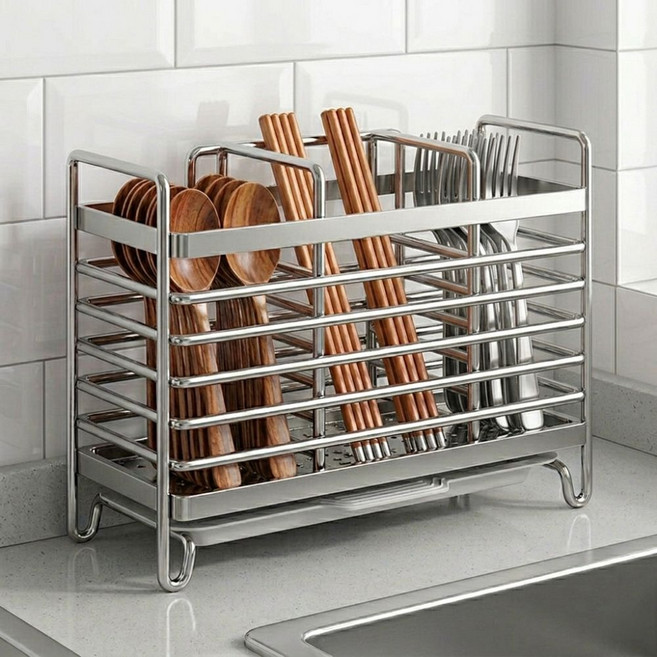 온디즈 대용량 3구 스테인리스 수저통 다용도 조리도구 꽂이, 1개, 실버