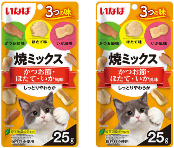이나바 고양이 야끼믹스 간식, 혼합맛(가다랑어포/조개/오징어), 25g, 2개