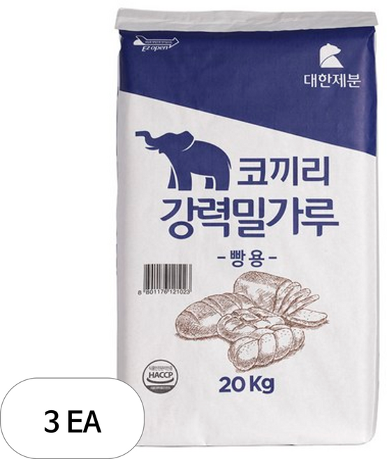 대한제분 코끼리 빵용 강력 밀가루, 20kg, 3개