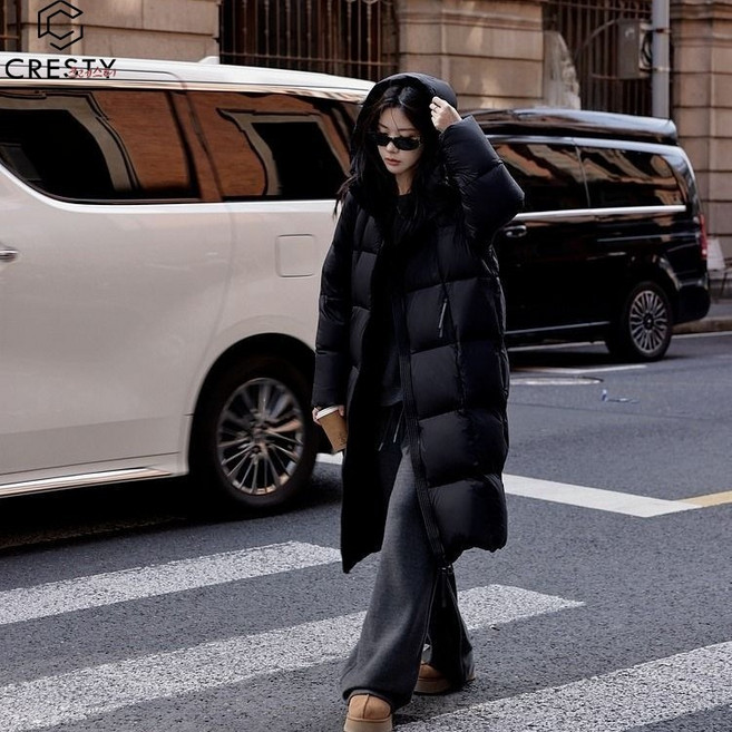 크레스티 여성 루즈핏 면복 외투 롱 후드 패딩