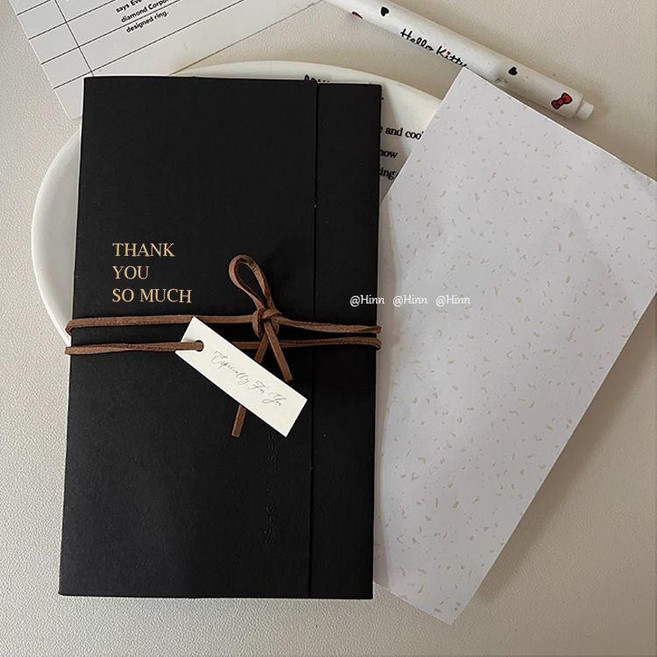 Hinn 黑色燙金三折祝福賀卡 適用於生日邀請函節日感謝卡, 1個, THANK YOU SO MUCH, 5套 5個賀卡+5個信紙+5個吊牌+5