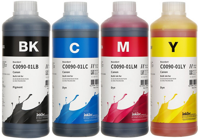 잉크테크 캐논 GI-90 GI-990 G1910 G2910 G3910 G4910 G6090 G7090 호환 무한 리필 잉크, 1세트, 4색(검정 안료 + 컬러 염료) 1L