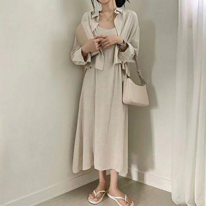 봄여름 여성 민소매 원피스 블라우스 셔츠 세트 조절 끈나시 롱스커트 솔리드 셋업룩 바캉스룩 루즈핏