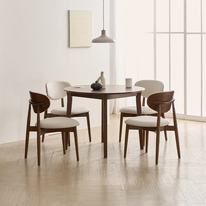 라로퍼니처 플레인 원형 1000 고무나무 원목 식탁 세트, 식탁+의자4