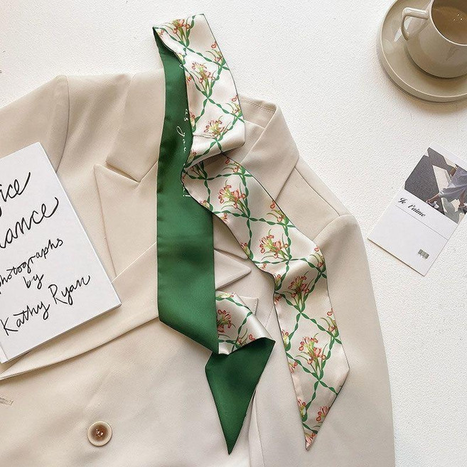 超值 絲巾綠色髮帶長條春夏領巾細窄包包裝飾絲帶飄帶 副廠商品