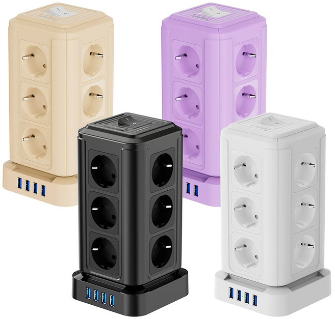 ORDFLES 12구+4USB 고속 충전고용량 4000W 과부하차단 타워형 멀티탭, 블랙, 1개, 2m