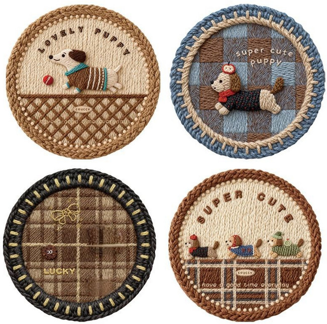 可愛小狗仿刺繡圓形杯墊, 1套, 12x12cm杯墊, 藍格小狗+咖格小喵+拼接三小隻+拼接小狗