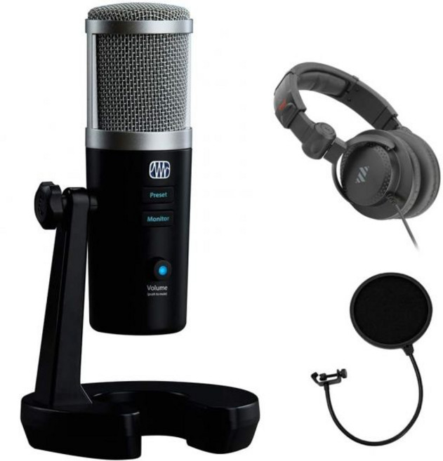 프리소누스 레벨레이터 USB 마이크 스튜디오 라이브 보컬 처리 번들 폴센 헤드폰 및 팝 필터 포함