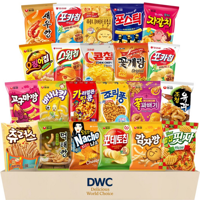 [DWC] 스낵 과자 세트 22종 (새우깡+포카+허니버터+포스틱+자갈+오징어+스윙+콘칲+꽃게+고구마깡+바나나킥+카멜땅콩+죠리퐁+꿀꽈+조청+먹태깡+감자깡+나쵸+포테토+벌집피자), 1개