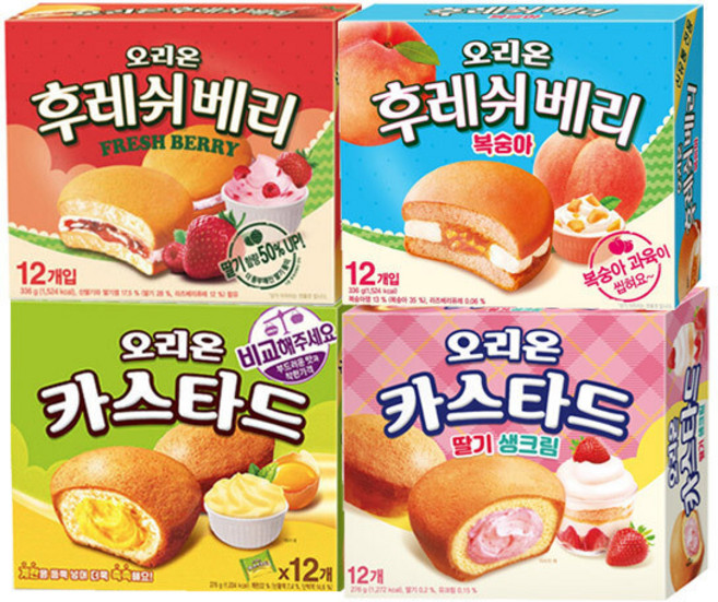 오리온 카스타드+카스타드딸기생크림+후레쉬베리+복숭아, 1세트, 총4개