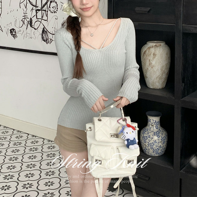 [순이] C.여성 여리 V끈 골지 딥유넥 슬림 니트