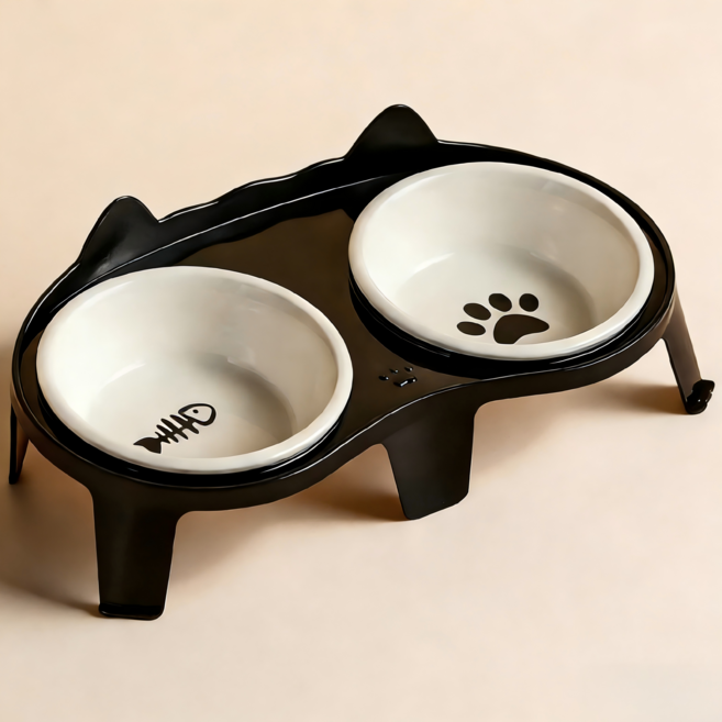 BangPang 반려동물 고양이 강아지 밥그릇 세라믹 식기 2구, 1세트, 블랙