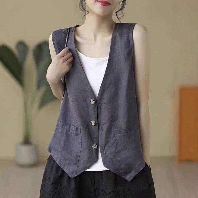 여름 여성 조끼 얇은 레이어드 빈티지 포켓 브이넥 숏 솔리드 오버핏 빅사이즈 베이직 캐주얼 민소매 베스트