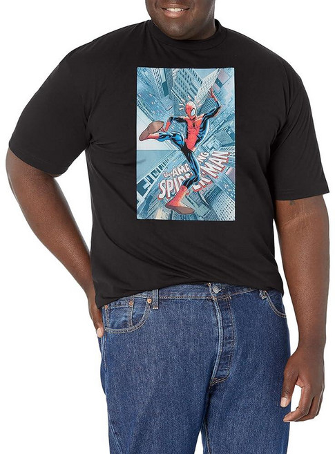 마블 Marvel Big & Tall 클래식 스파이더맨 시티 Oct18 남성용 상의 반소매 티셔츠 블랙. 309309