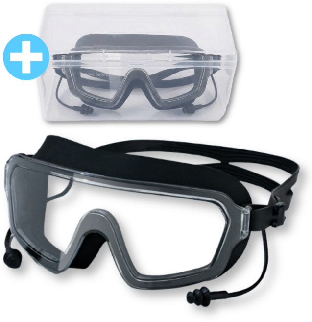 2세대 김서림방지 귀마개 일체형 고글 물안경(보관케이스 포함), 투명 블랙, 1개