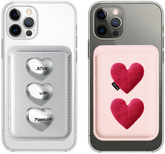 메탈 실버 하트 맥세이프 가죽 카드지갑, 1개, 03번 디자인 그린 하츠