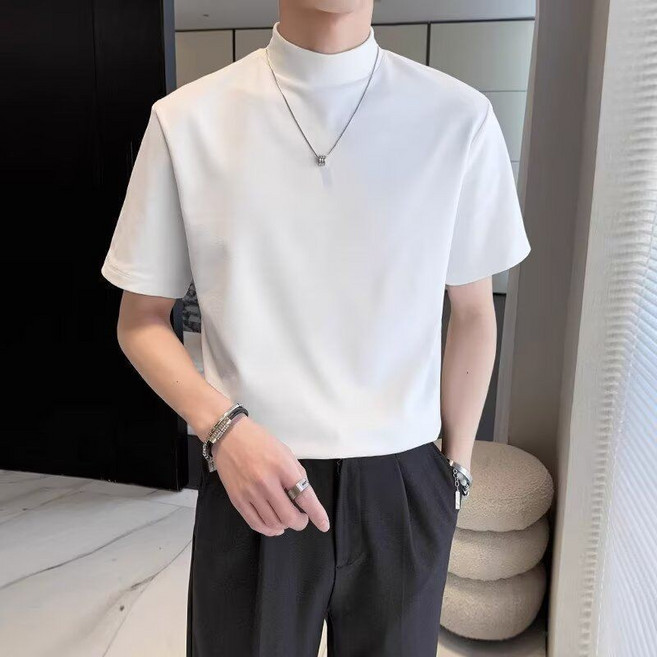 新款純棉半高領夏季短袖T恤 男款ins超火寬鬆修身半袖打底衫