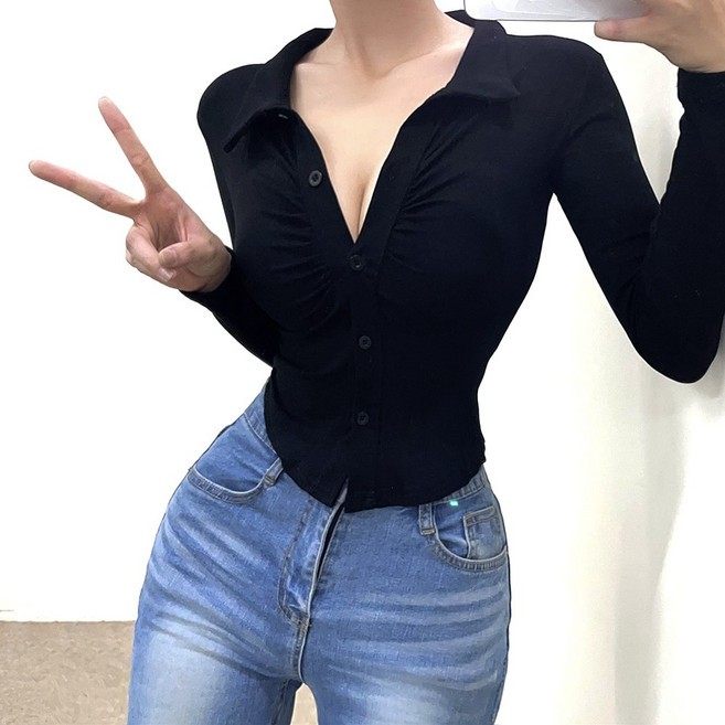 VANANA2 여자 긴팔 반팔 버전 가디건티 몸에 착 붙는 슬림 글램핏 바스트 셔링티셔츠 카라긴팔 밑트임 긴소매T