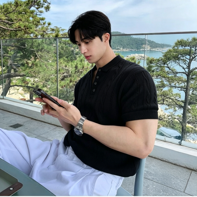 style dr 남자 여름 꽈배기 짜임 반팔 머슬핏반팔 근육질의 티셔츠