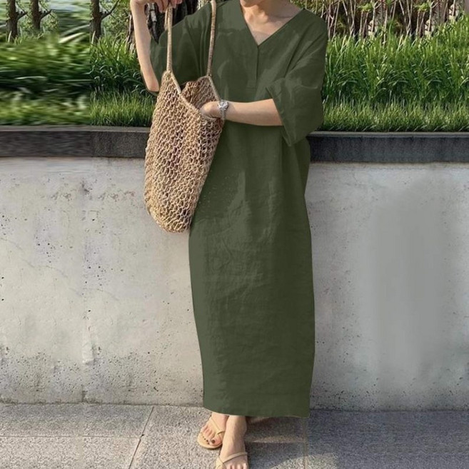 Beriieto 여성용 여름 린넨 롱 원피스 브이넥 루즈핏 캐주얼 드레스
