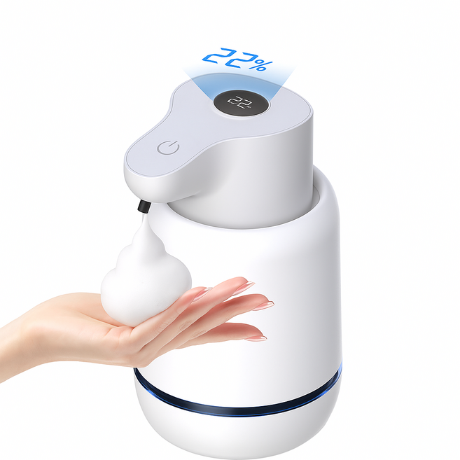 큐핏 자동 주방세제 샴푸 디스플레이 디스펜서 손세정기 손세정제 욕실 벽걸이 핸드워시 배터리 잔량 표시 디스펜서, 거품타입, 화이트