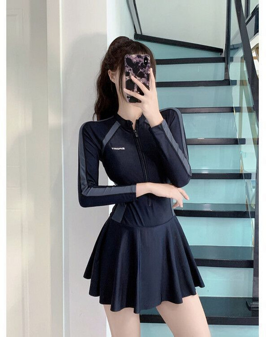 長袖連體泳衣 女士 2024 連體設計 遮肚顯瘦 保守運動 風格 溫泉 401, 68910黑灰色+泳帽+防水袋,L  100-120斤