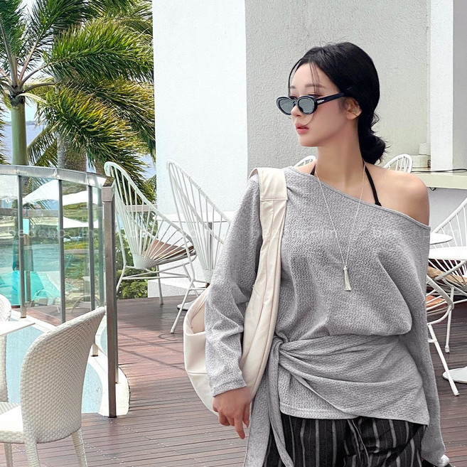 [비치팜] 마인드 랩 오프숄더 니트 여름 비치웨어 시스루 커버업 긴팔 티 탑 상의, 그레이