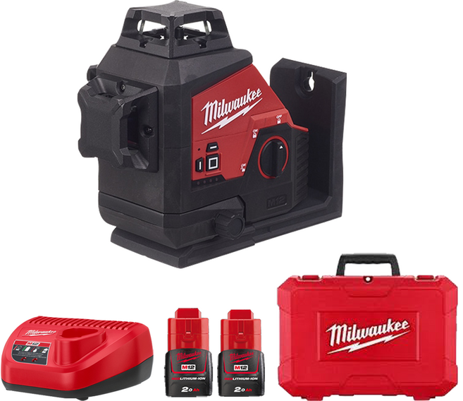 밀워키 M12 3PL-202C 360도 레이저 레벨 12V 2.0Ah 배터리 2개 세트, 1개
