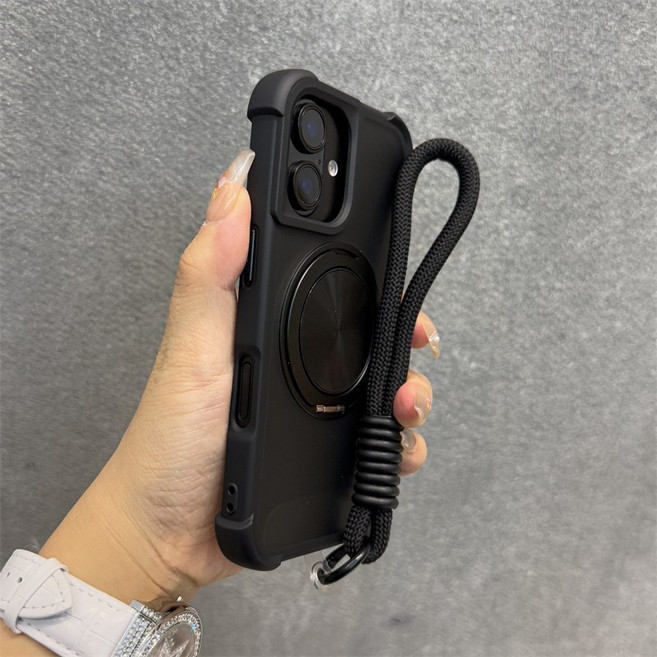 iPhone 16e 15 14 13 12 11 ProMax 一體旋轉磁吸支架 軍規防摔手機殼 掛繩