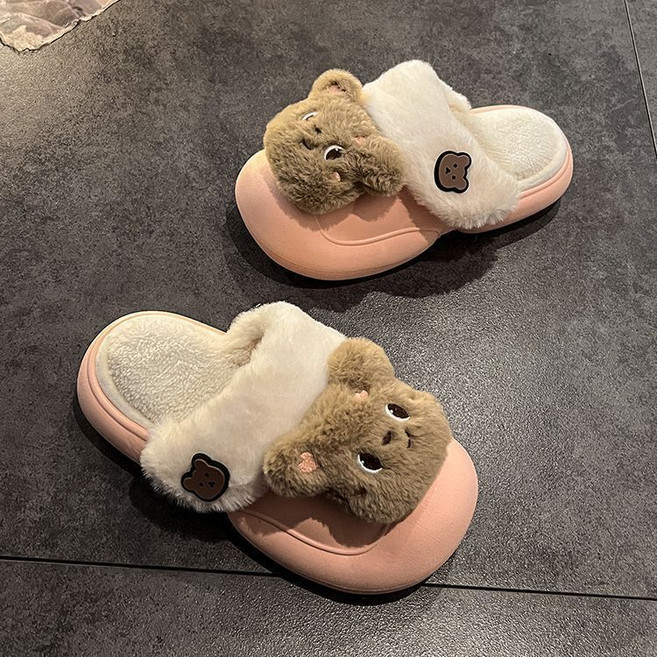 Salimm 여성 귀여운 곰돌이 포인트 미끄럼방지 사무실 실내 털 퍼 기모 슬리퍼