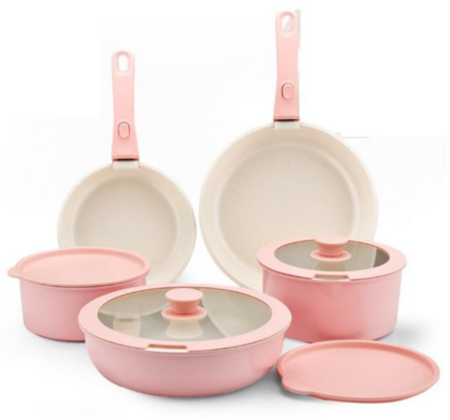 미츠키 후라이팬 냄비 세트 인덕션용 탈부착식 손잡이, 1세트, 4종, 파스텔 핑크