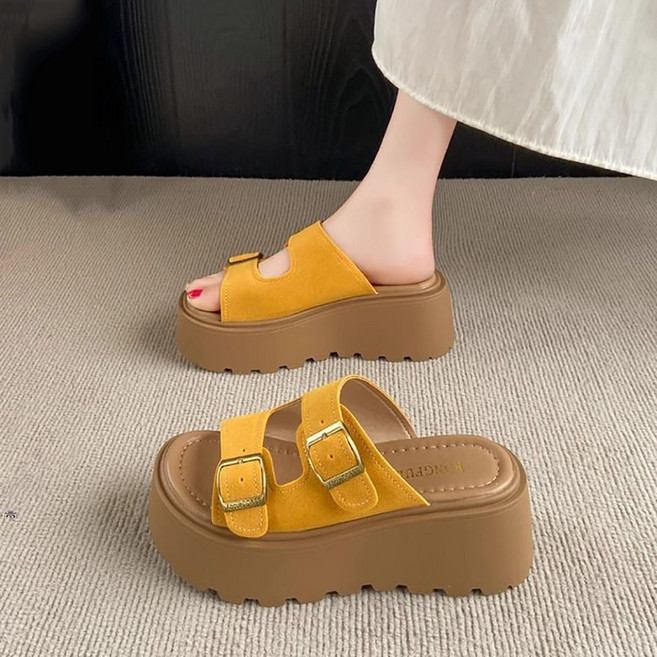 셀럽당통굽 7CM 샌들 여름 비치 일자 슬리퍼