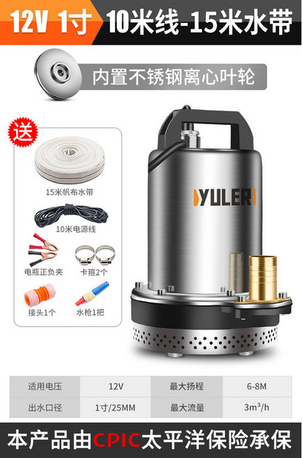 12V直流潛水泵 24V/48V/60V/72V電瓶電動車抽水泵 機灌溉農用高揚程大流量抽水泵, 1個, 超高揚程12V1寸-10米線15米帆布管