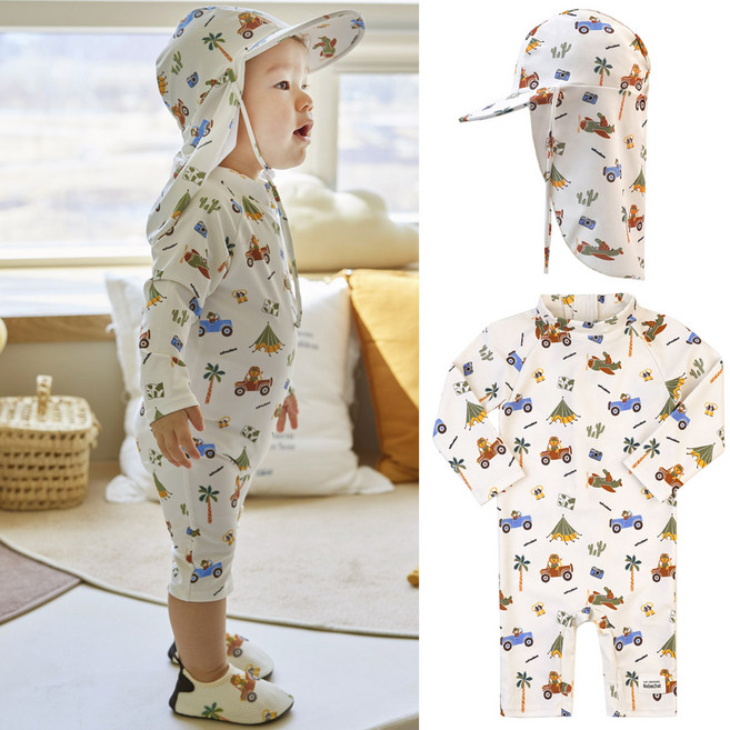 사파리 돌 유아 아기 래쉬가드 수영복+모자 2종세트