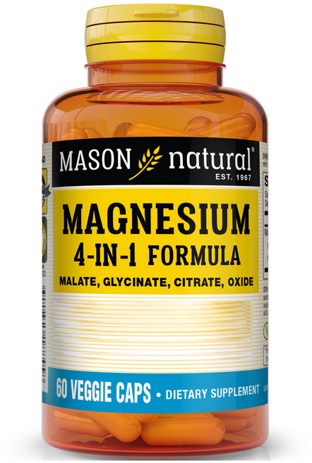 Mason Naturals 鎂 4合1 複方 馬來酸鹽 甘胺酸鹽 檸檬酸鹽 氧化物 素食膠囊, 1個, 60錠