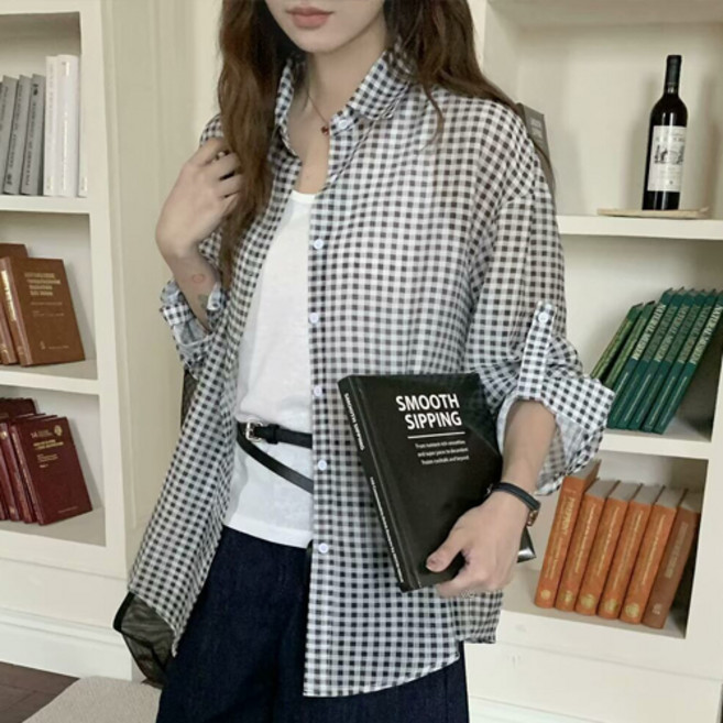 루엔나 여성용 빅사이즈 텐셀 남방 체크 셔츠 긴팔 블라우스