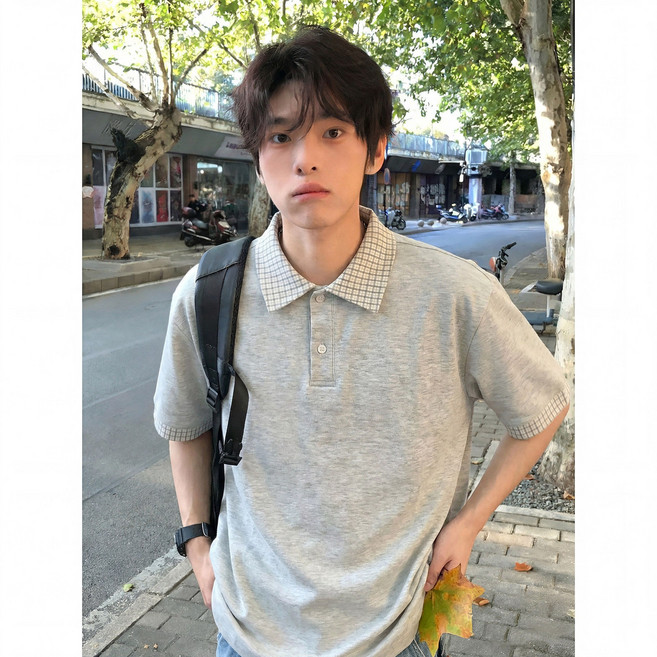 格紋假兩件 polo衫 男短袖 夏季透氣 正肩翻領上衣 重磅休閒半袖 高質感設計+灰色+XXL