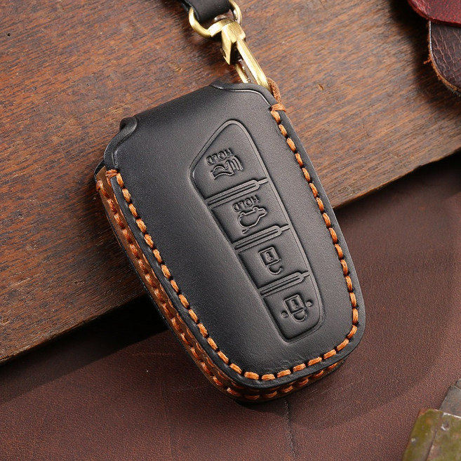 벤오토 현대 그랜저HG 제네시스DH 싼타페 더프라임 에쿠스 맥스크루즈 싼타페DM 호환 스마트키 가죽케이스 현대4버튼 키링 키홀더 (S2-HK4), 블랙, S2-HK4