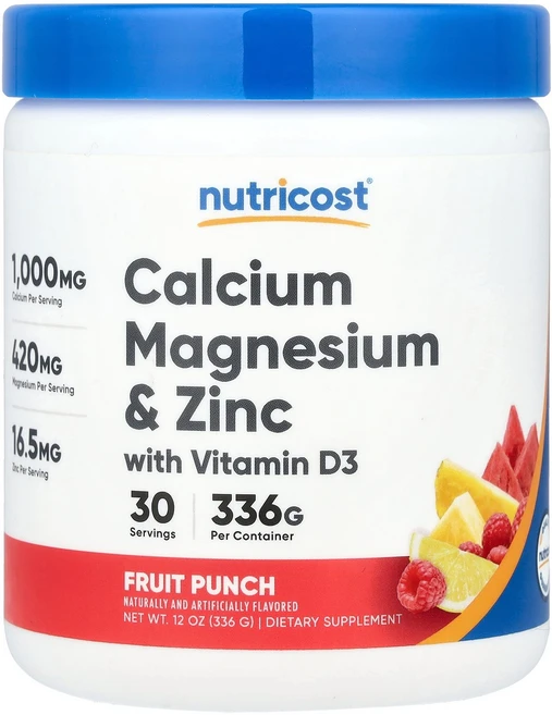 뉴트리코스트 Nutricost 칼슘 마그네슘 및 아연 함유 비타민D3 과일 펀치 336g12oz122494원산지:기타, 1 - 쿠팡
