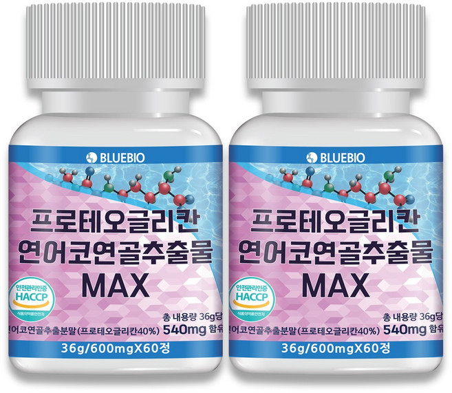 프로테오글리칸 연어코 연골 추출물 MAX 600mg 60정 2형 콜라겐 콘드로이친 글루코사민 류신 함유, 2개