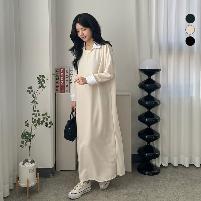 디테일웨어 여성 셔츠카라 롱원피스 임부복 신축성 좋은 긴팔원피스 홈웨어 꾸안꾸룩 링클프리 봄가을 하객룩