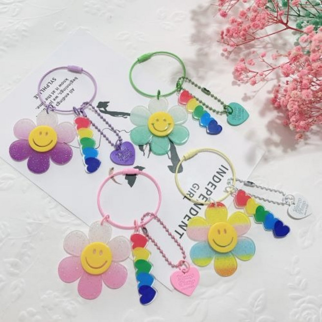 바닐라제이 레인보우 하트 플라워 와이어 열쇠고리 키링, 핑크, 1개