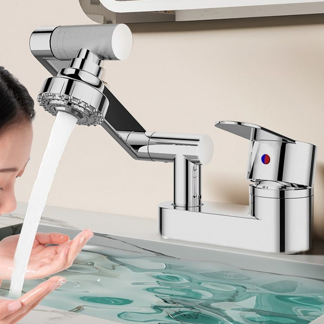 욕실 투홀 세면기 수전 회전 가능 로봇팔 투홀 세면대 수전 씽크대 수도꼭지 싱크대 수전, 1세트