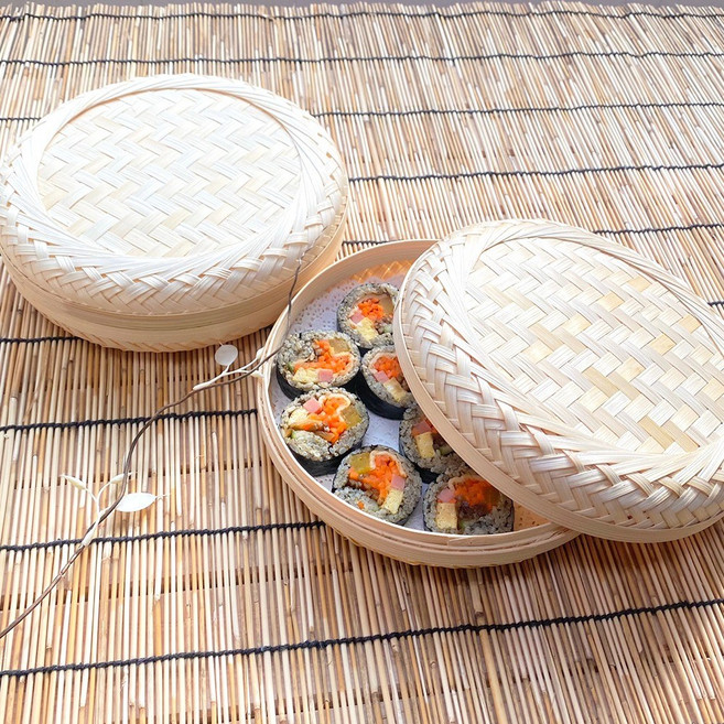 대나무 찬합 원형 ( 피크닉 도시락 석작 곶감 한과상자 떡상자 소풍 김밥 포장용기 명절 설날 추석 선물포장 답례품 떡바구니 밥바구니 전통공예품 ), 1개