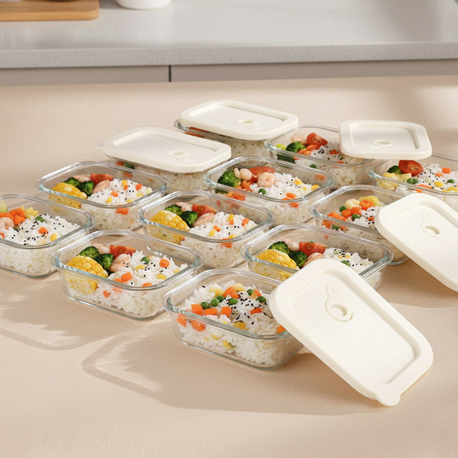 내열강화유리 촉촉한 전자렌지 햇밥용기 직사각 370ml, 18개, 베이지