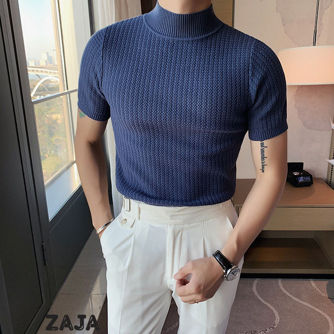 ZAJA 슬림 반폴라 캐주얼 남성 반팔 니트 패션 멋쟁이 반팔티셔츠