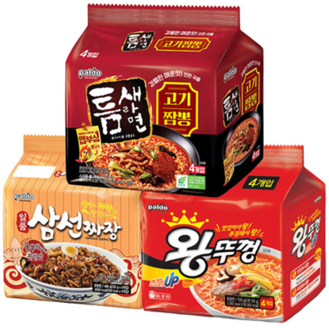 틈새라면고기짬뽕4봉+일품삼선짜장4봉+왕뚜껑봉지면4봉, 1세트