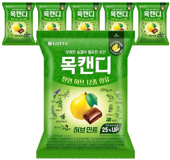 롯데 목캔디 허브민트 217g x 6봉, 6개